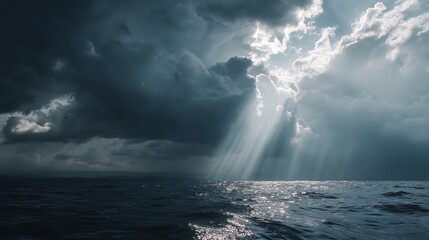 Dramatic Sky Rays Break Through Storm Clouds Over The Ocean Surface