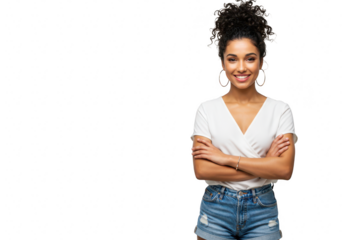 Young brazilian woman with curly hair in a bun, wearing a white tshirt and denim shorts, smiling confidently with arms crossed, isolated on transparent background