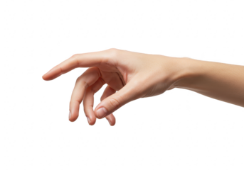 Closeup of a delicate female hand with fingers extended, gently touching or reaching for something, isolated on transparent background
