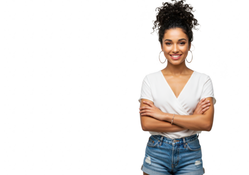 Young brazilian woman with curly hair in a bun, wearing a white tshirt and denim shorts, smiling confidently with arms crossed, isolated on transparent background