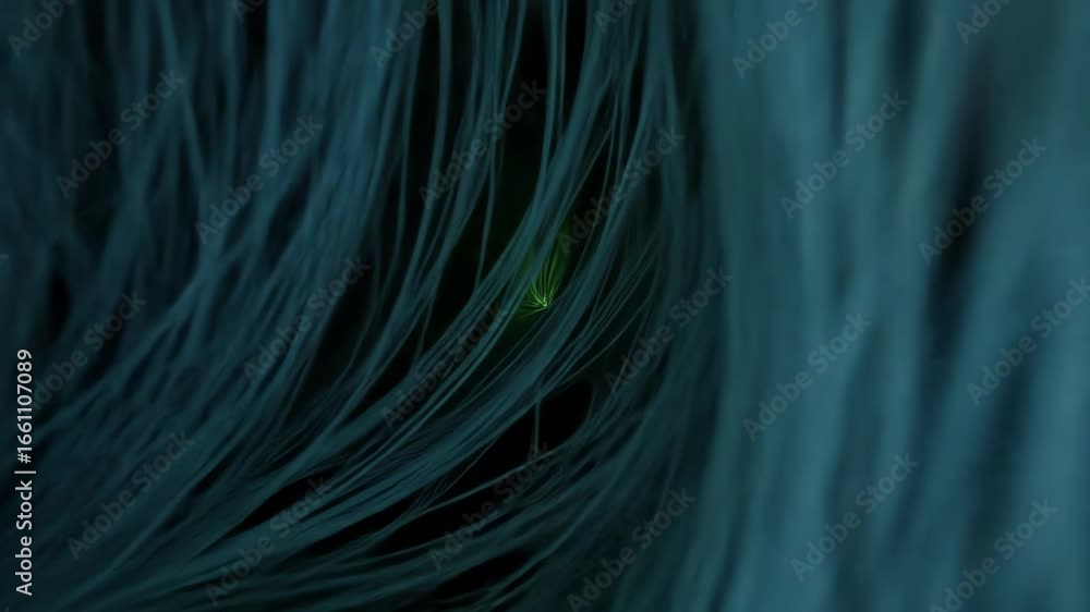 Poster close-up view of blue, flowing fibers with a small, green object.