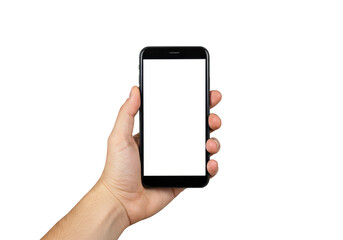 Hand holding a black smartphone with a blank white screen, isolated on transparent background