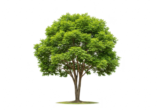 A healthy green tree with a full canopy of leaves isolated on a transparent background