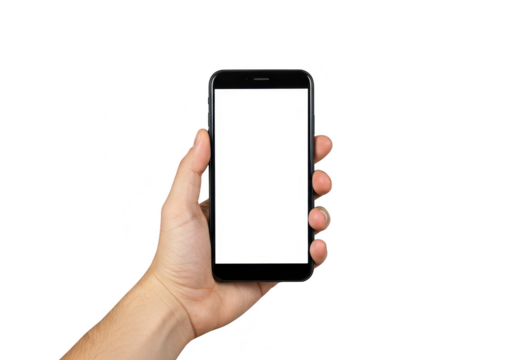 Hand holding a black smartphone with a blank white screen, isolated on transparent background