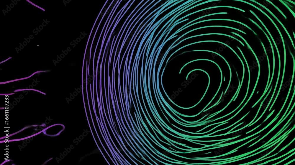 Poster abstract swirling lines in a circular pattern, transitioning from purple to green against a black ba