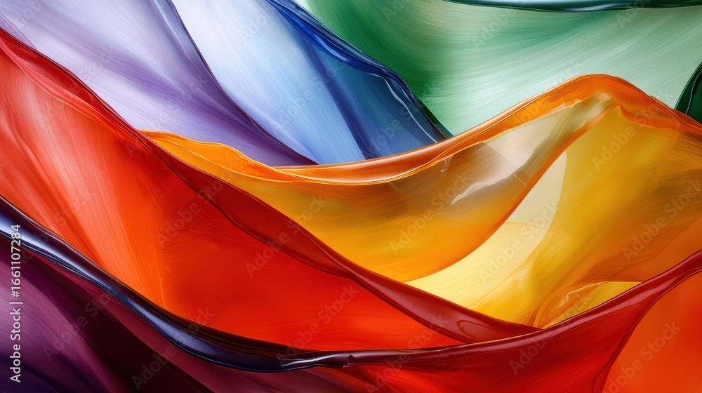 Poster a vibrant abstract composition of overlapping fabric-like shapes in various colors.