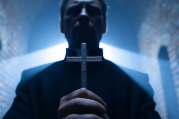 Priest holding cross in glowing chapel, dramatic Christian exorcism ritual