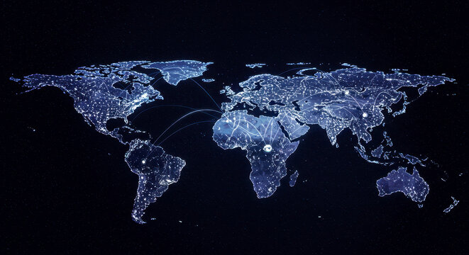 Illuminated World Map Glowing With Connections And Digital Light Grids