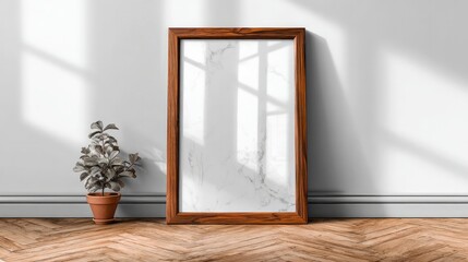 Fototapeta premium Empty wooden frame on oak floor, morning light casting shadows. Minimalism and space for imagination.