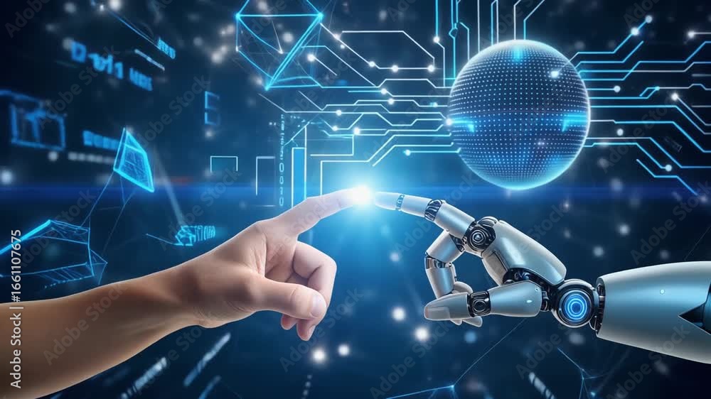 Poster human and robotic hands touching in futuristic digital interface symbolizing ai collaboration and te
