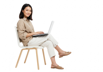 Young asian woman sitting on a chair using a laptop, isolated on transparent background