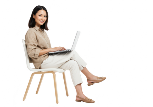 Young asian woman sitting on a chair using a laptop, isolated on transparent background - Powered by Adobe