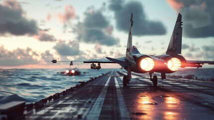 American stealth jet take-off from aircraft carrier at dawn 3d render