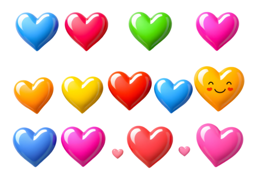 Collection of Glossy 3D Heart Shapes in Various Colors