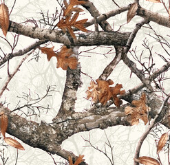 Realistic forest camouflage. Seamless pattern. Conifer tree, branches and leaves. Useable for hunting and military purposes.