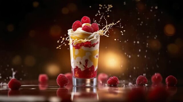 Himbeer-Dessert mit Sahne und dynamischem Splash-Effekt in stilvoller Food-Fotografie. K&uuml;nstliche Intelligenz KI