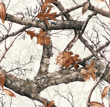 Realistic forest camouflage. Seamless pattern. Conifer tree, branches and leaves. Useable for hunting and military purposes.