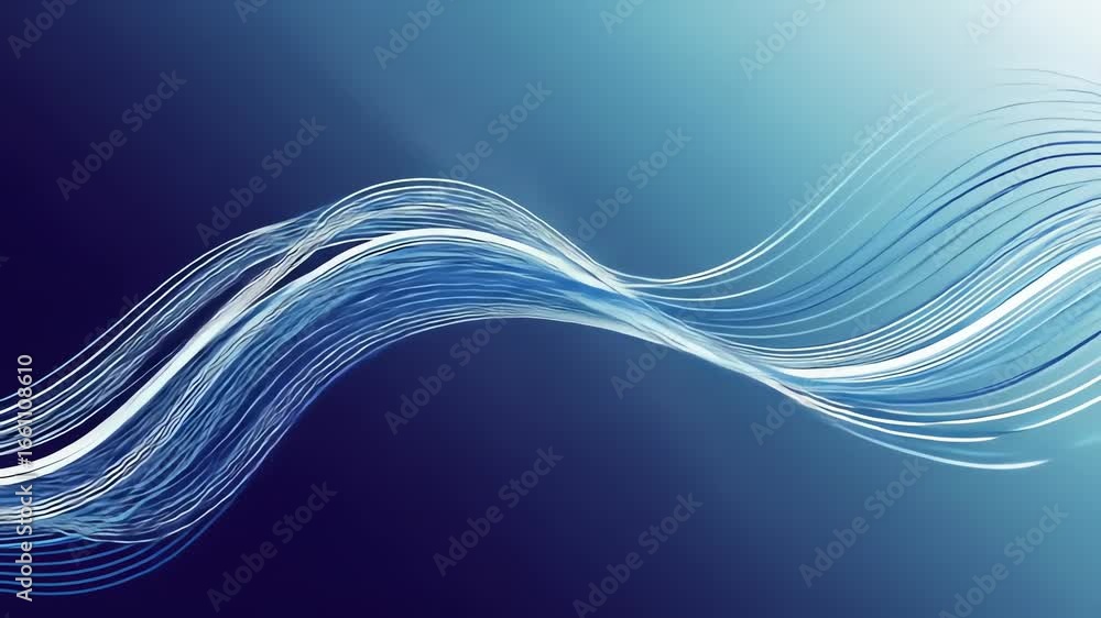 Poster abstract digital artwork featuring flowing, wavy lines in shades of blue and white, creating a dynam