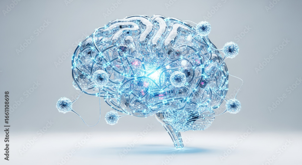 Poster illuminated brain model with neural connections and light on a gradient gray background