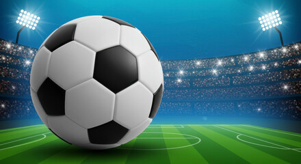 Obraz premium Exciting Football Match Under Stadium Lights with a Classic Ball on the Field