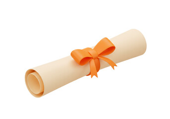 Isolated Rolled Graduation Diploma Scroll with an Orange Ribbon Bow