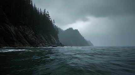 Gloomy Ocean Coastline With Dark Forested Cliffs Under Stormy Skies