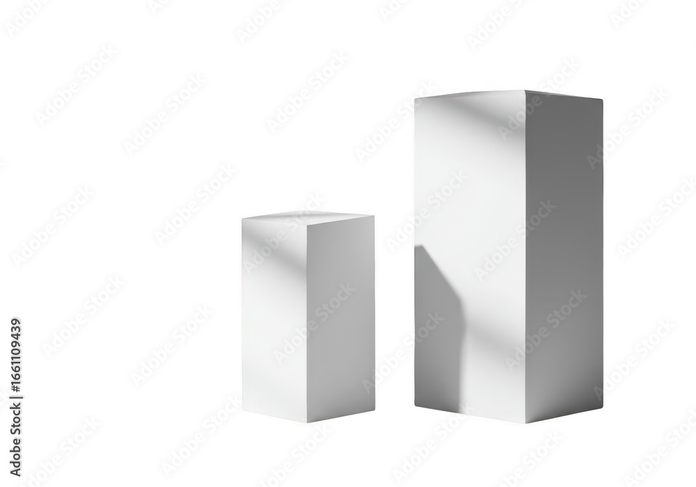 Poster two minimalist white cubes of different sizes on a transparent background with soft shadows