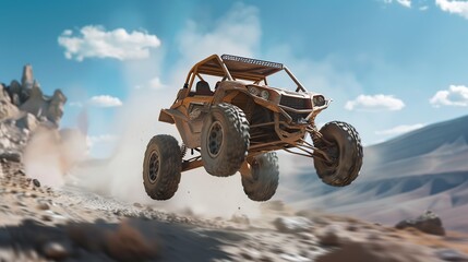 Close-up speed motion UTV darting jump action, with mountain & blue sky background