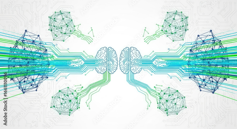 Poster abstract illustration of brains connected to network nodes with circuit lines art