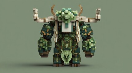 Pixelated, stylized creature, resembling a hulking, armored monster, with a greenish-teal color palette, and light-beige accents, positioned frontally against a muted sage-green backdrop