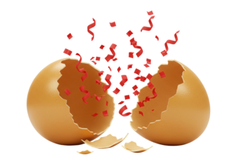 Isolated Cracked Egg Exploding with Red Celebration Confetti and Streamers