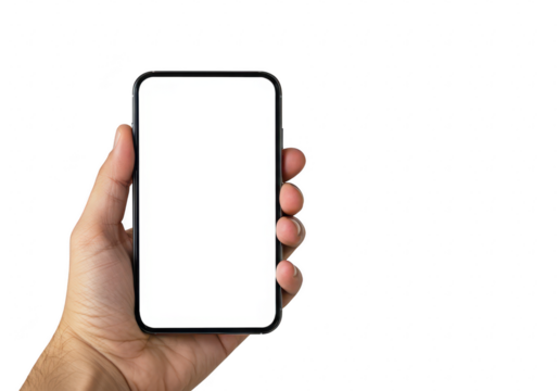 Hand holding a modern smartphone with a blank white screen isolated on transparent background