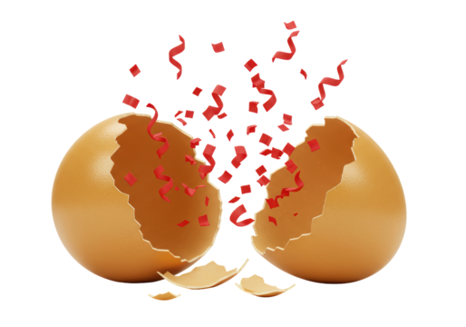 Isolated Cracked Egg Exploding with Red Celebration Confetti and Streamers