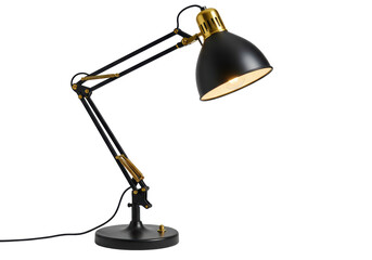Isolated Illuminated Vintage Black and Gold Adjustable Architect Desk Lamp