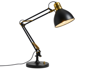 Isolated Illuminated Vintage Black and Gold Adjustable Architect Desk Lamp