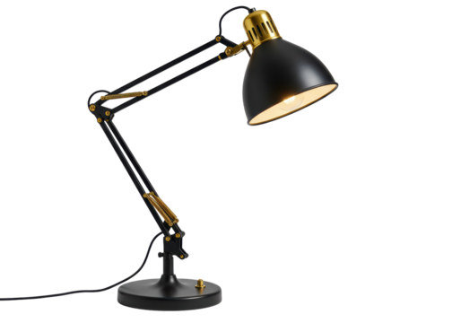 Isolated Illuminated Vintage Black and Gold Adjustable Architect Desk Lamp