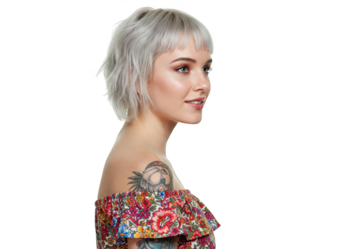 Young woman with short grey hair and a floral offtheshoulder top, showing a tattoo, isolated on transparent background