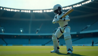 humanoid robot playing cricket isolated on white background