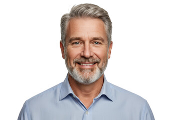 Obraz premium Portrait of a smiling, distinguished middleaged man with gray hair and beard, wearing a blue shirt, isolated on transparent background