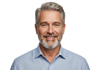 Portrait of a smiling, distinguished middleaged man with gray hair and beard, wearing a blue shirt, isolated on transparent background