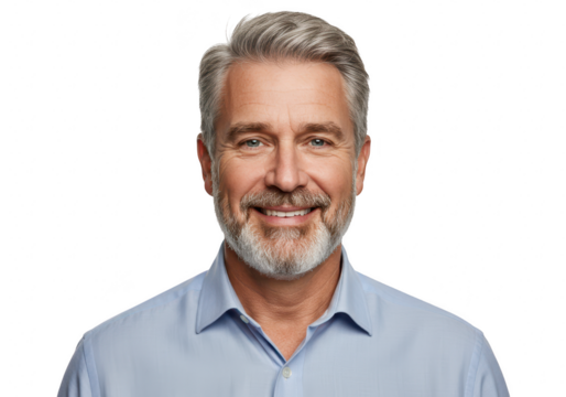 Portrait of a smiling, distinguished middleaged man with gray hair and beard, wearing a blue shirt, isolated on transparent background