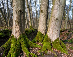 Mossy tree bases in winter woodland