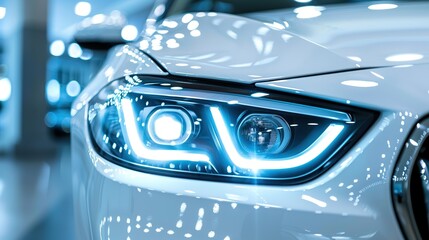 Closeup headlamp light of a white luxury car. Automotive industry concept. Electric car or hybrid vehicle concept. Automobile leasing and insurance concept. Auto leasing business. Electric vehicle.
