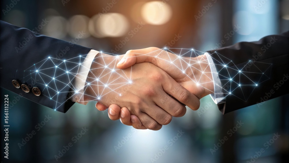 Poster handshake symbolizing partnership with digital elements representing connectivity and technology.