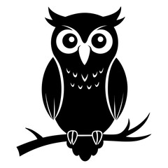 Black silhouette of an owl perched on a branch isolated on white background silhouette