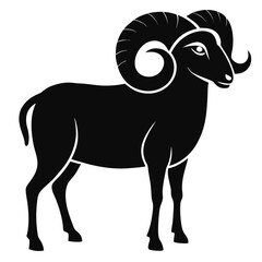 Black silhouette of a ram with horns isolated on white background