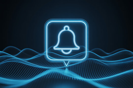 Glowing blue neon notification bell icon pulsing on a futuristic digital wave background with dark atmosphere