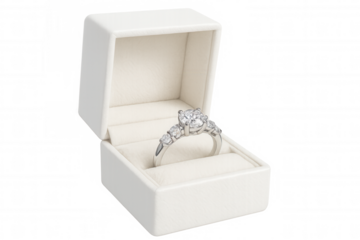 Sparkling diamond ring nestled in white jewelry box, representing romantic luxury against clean transparent backdrop