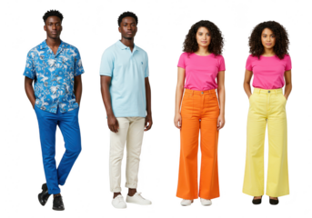 Group of four people, two men and two women, wearing colorful casual fashion, isolated on transparent background