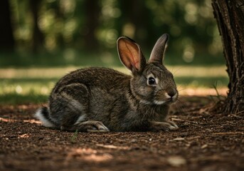 Fototapeta premium A Realistic Bunny Lying in the Dirt, Outdoors in a Forest with Trees